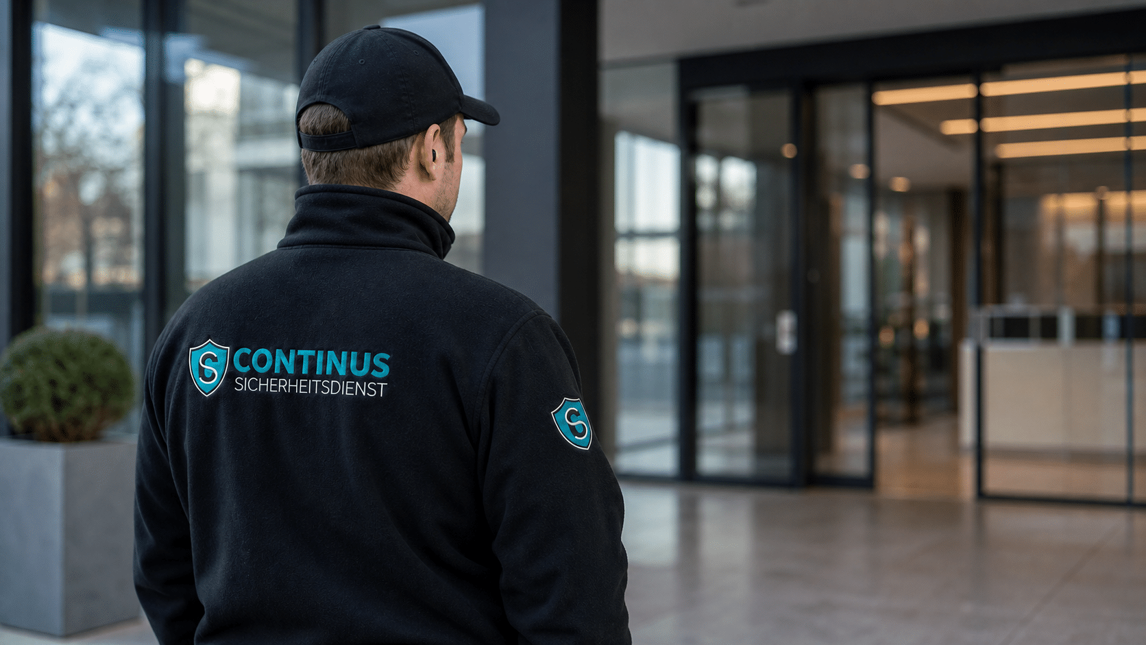 Sicherheitsdienst-Mitarbeiter sichert den Haupteingang eines Unternehmensgebäudes mit Glasfassade und moderner Lobby