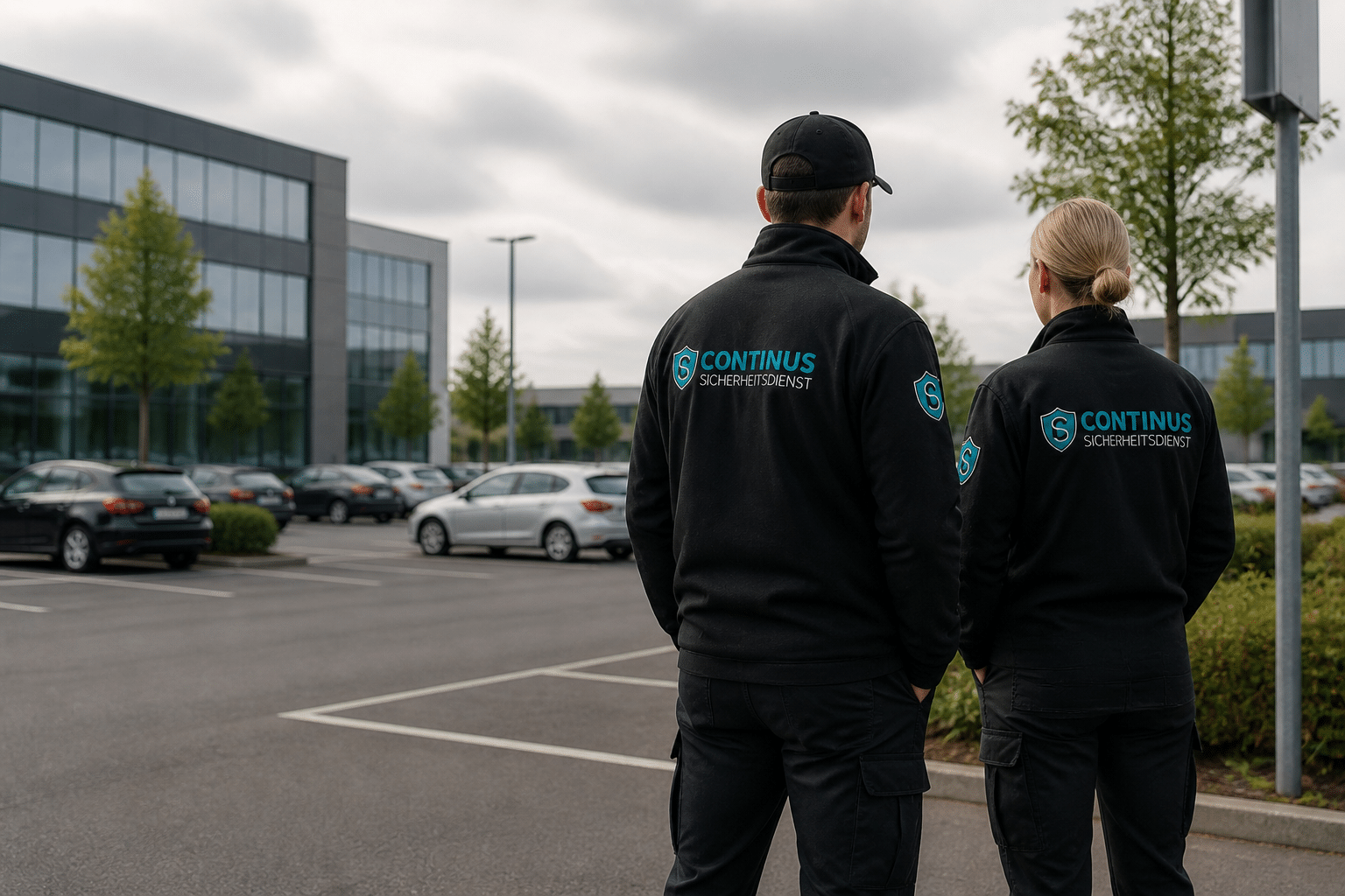 Zwei Sicherheitsdienst-Mitarbeitende stehen auf einem Unternehmensparkplatz und sorgen für Sicherheit rund um die Bürogebäude