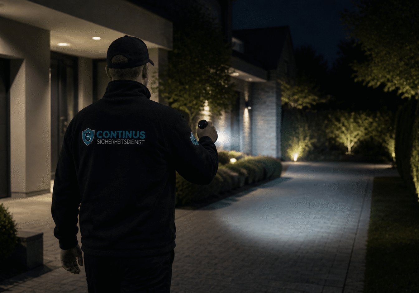 Ein Mitarbeiter von Continus Sicherheitsdienst kontrolliert bei einer Nachtstreife im Revierdienst mit einer Taschenlampe den Außenbereich und die Einfahrt eines Wohnhauses.