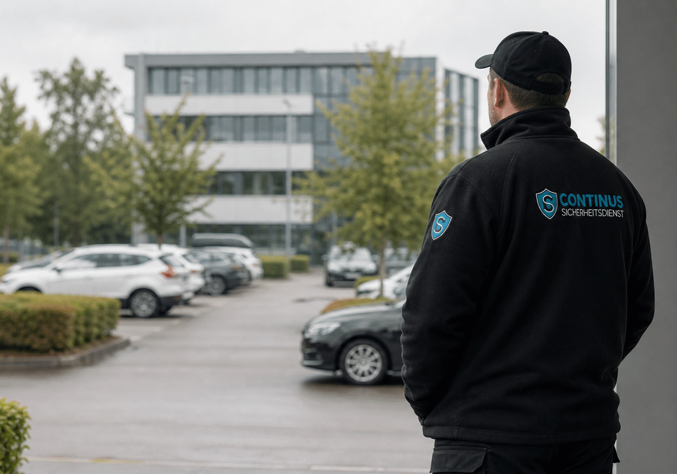 Sicherheitsdienst-Mitarbeiter blickt von einem Gebäudeeingang auf den Firmenparkplatz und die gegenüberliegenden Bürogebäude