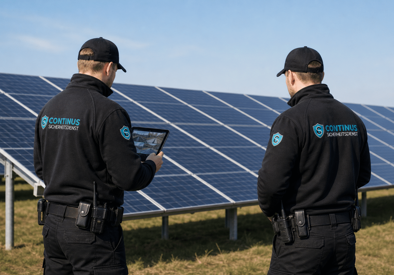 Zwei Mitarbeiter von Continus Sicherheitsdienst kontrollieren einen Solarpark mit moderner Überwachungstechnik und Sicherheitsmanagement für Photovoltaikanlagen