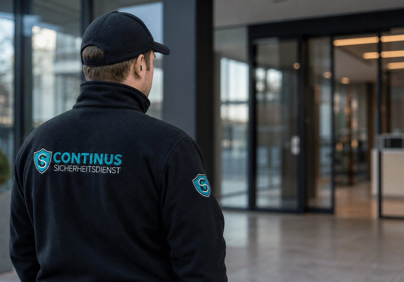 Sicherheitsdienst-Mitarbeiter sichert den Haupteingang eines Unternehmensgebäudes mit Glasfassade und moderner Lobby