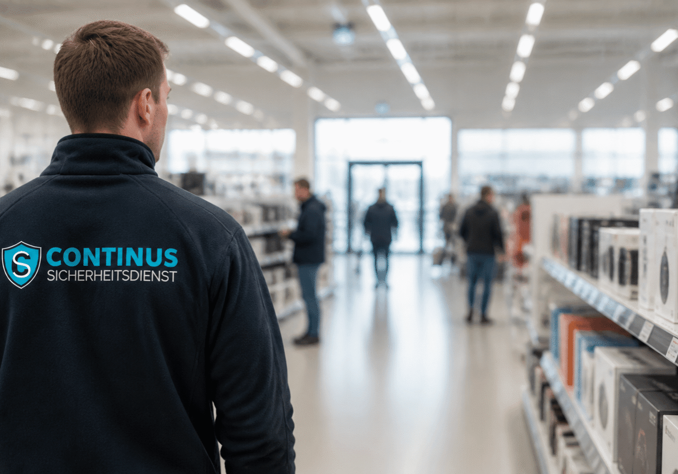 Mitarbeiter von Continus Sicherheitsdienst mit Logo auf dem Rücken beobachtet diskret einen Supermarktgang während eines Testkaufs zur Diebstahlprävention im Einzelhandel